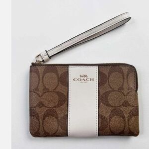 Coach Signature Khaki and chalk PVC Leather zip wristlet NWT